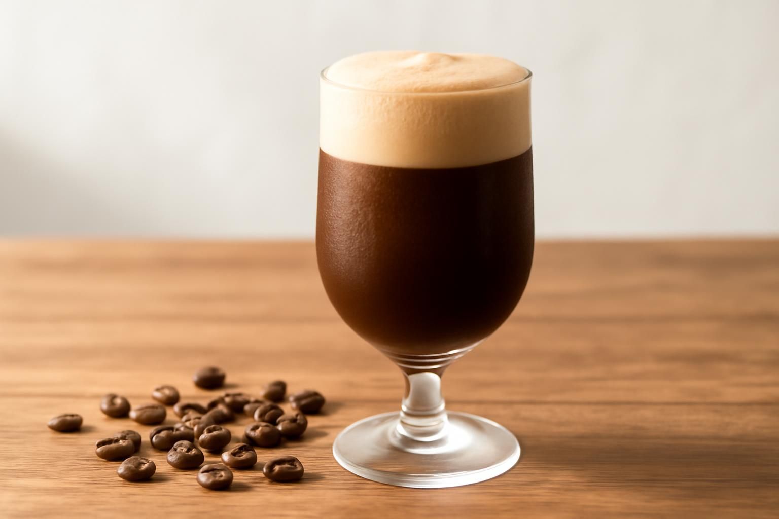 木のテーブルに置かれた、泡立つシェケラートのグラスとコーヒー豆の静物