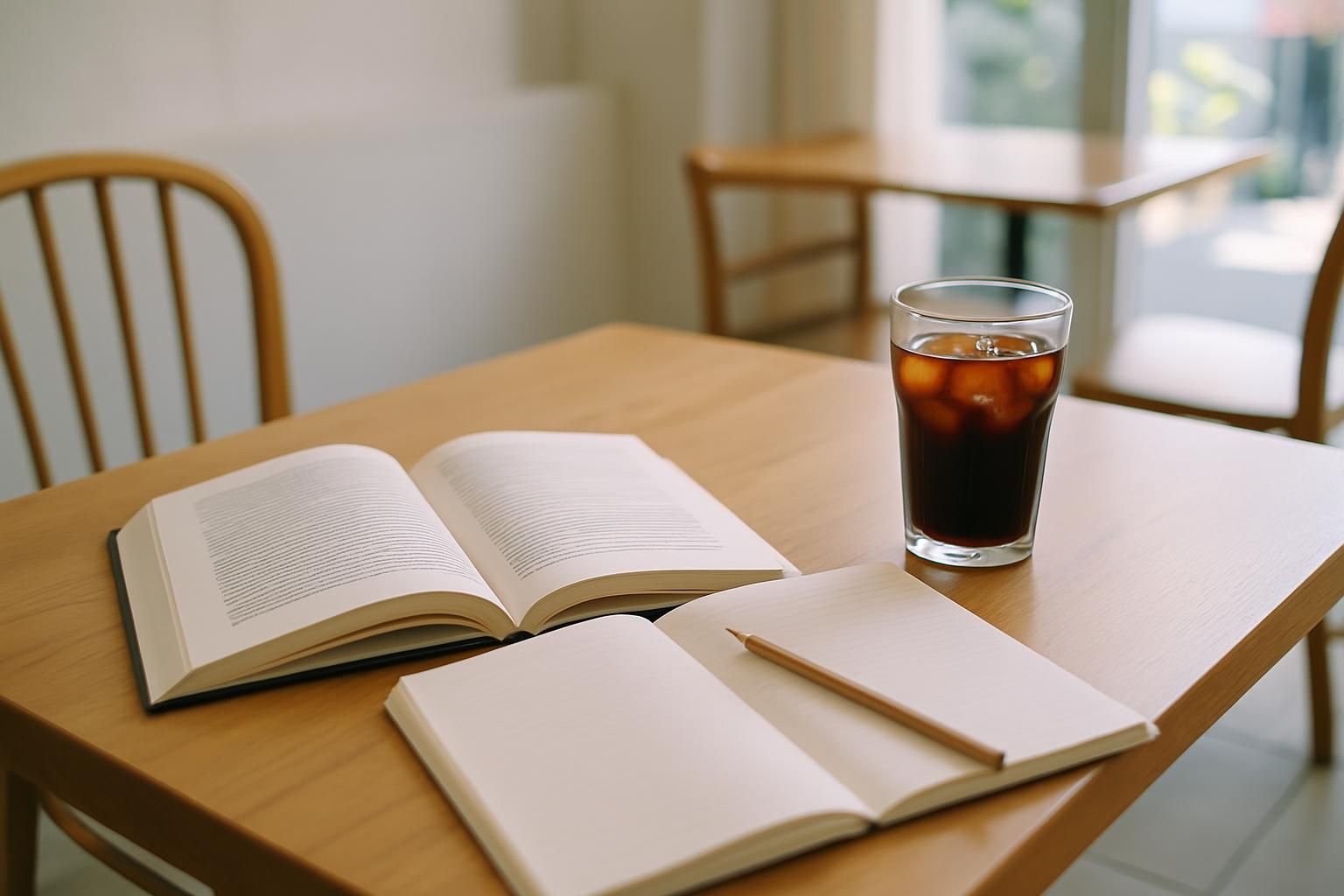 カフェの席に置かれた開いた参考書とノート、アイスコーヒーのグラス、木のテーブル、明るく落ち着いた自然光、人物や手は写さない、文字やロゴは一切なし