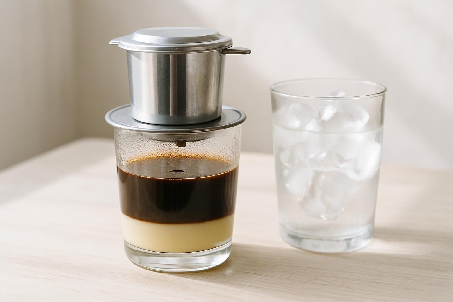 フィンを使って練乳の上に濃いコーヒーを抽出したベトナムコーヒー、グラスと氷、明るいテーブル