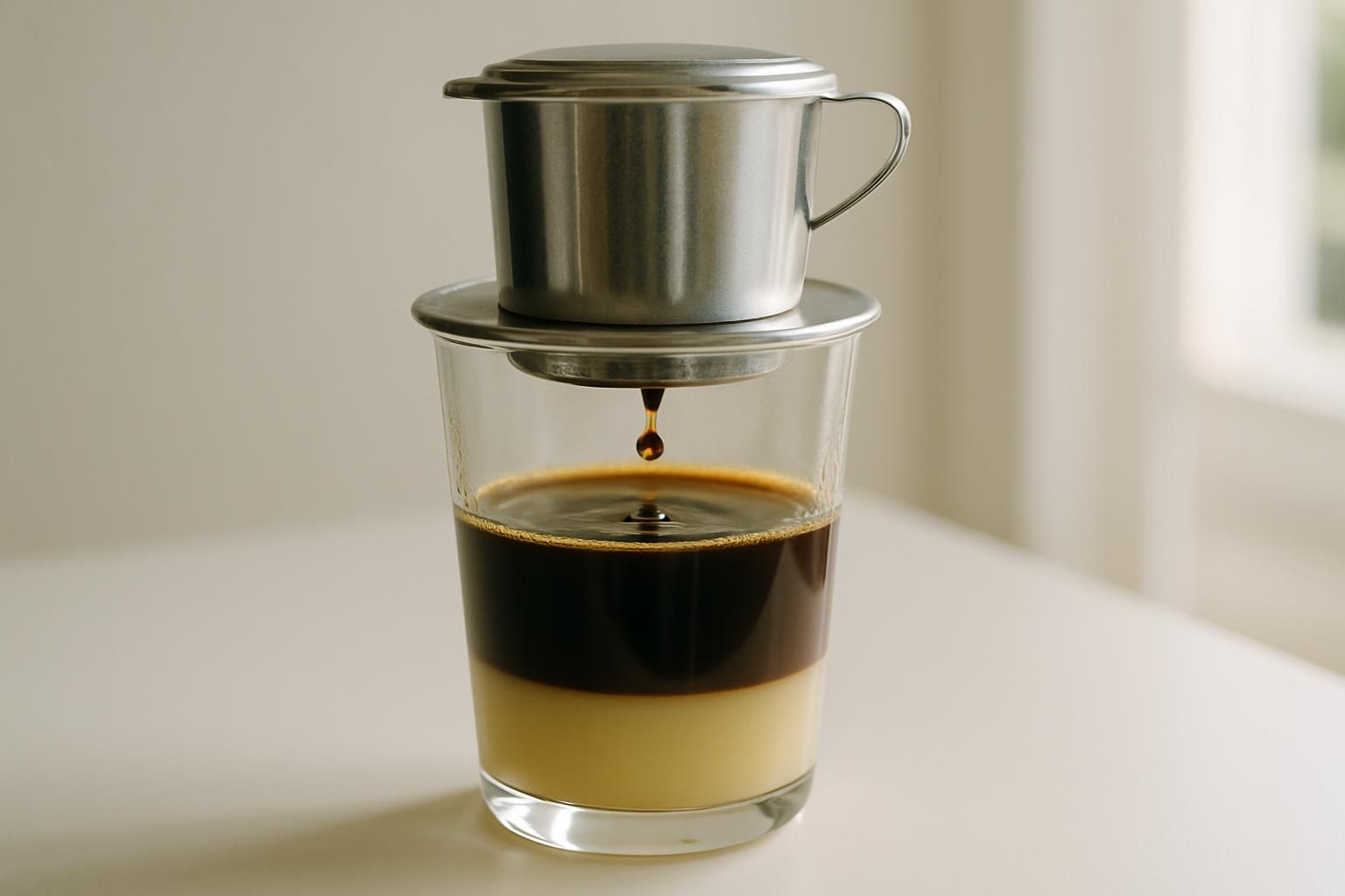 カップにセットしたフィンからコーヒーが一滴ずつ落ちる様子、ベトナムコーヒーを淹れる工程、自然光