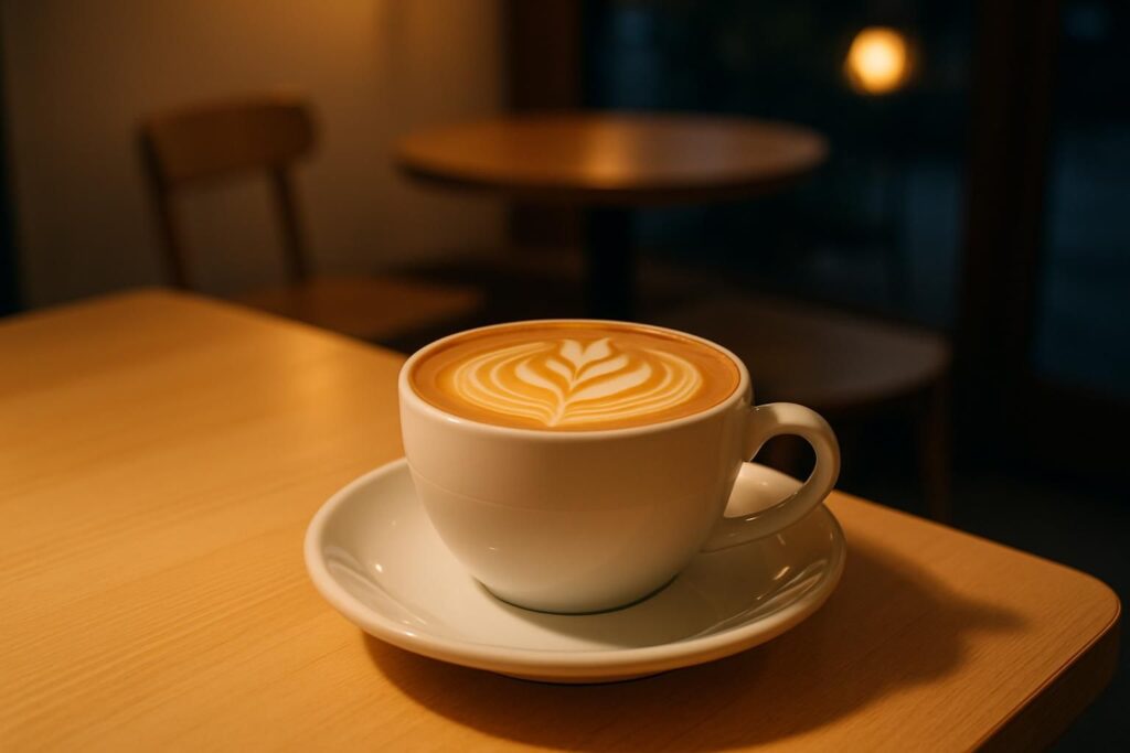 夜の暖かい照明のカフェテーブルに置かれたカフェラテの静物