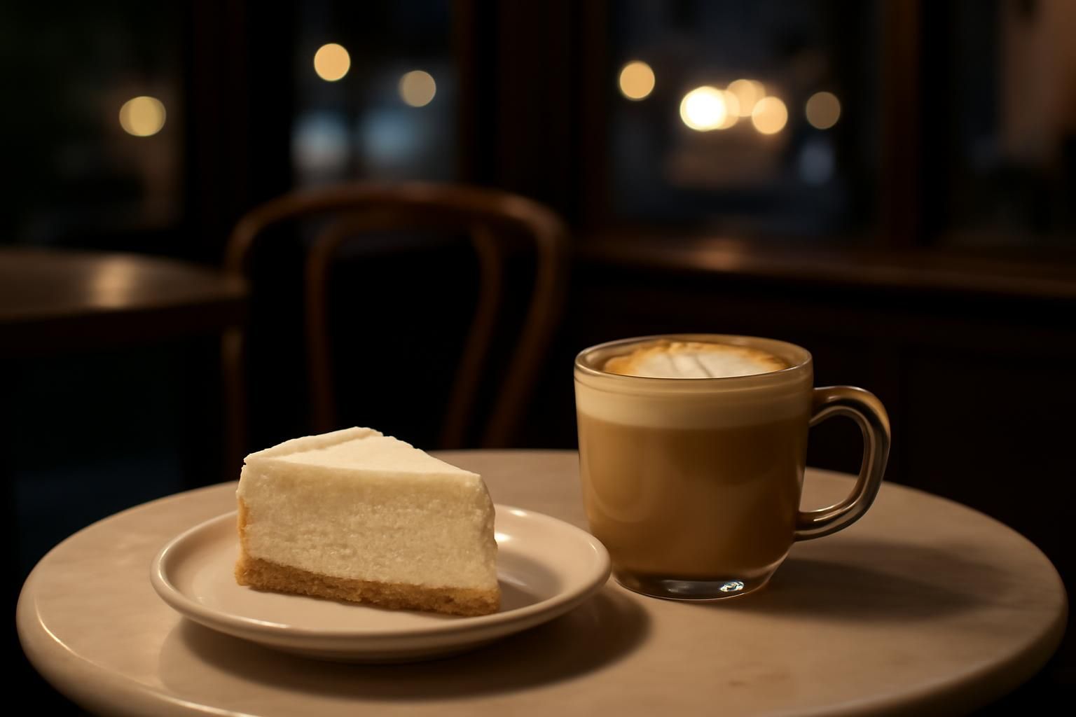 夜のカフェのテーブルに置かれたケーキとカフェラテの静物
