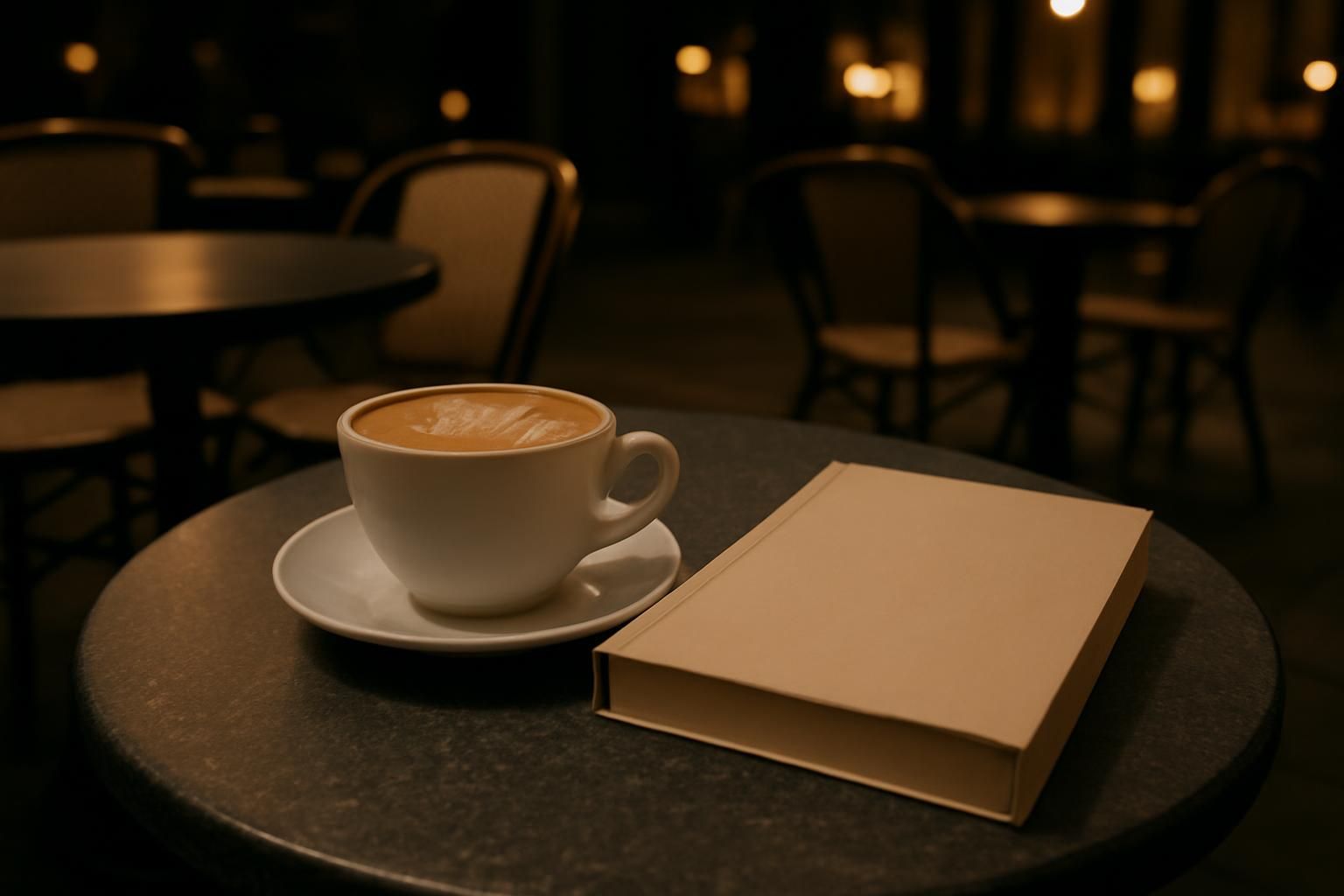 夜のカフェテーブルに置かれたカプチーノと無地の表紙の本の静物