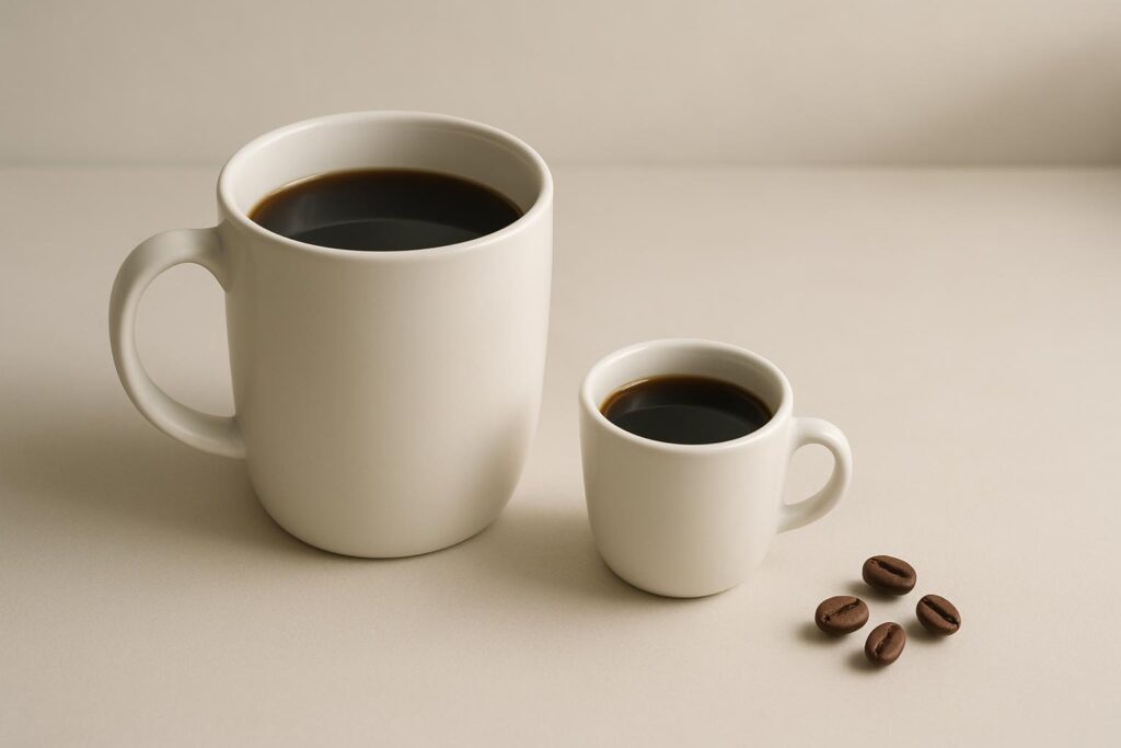 大きさの違う白いマグとカップに注がれたブラックコーヒーと、数粒のコーヒー豆