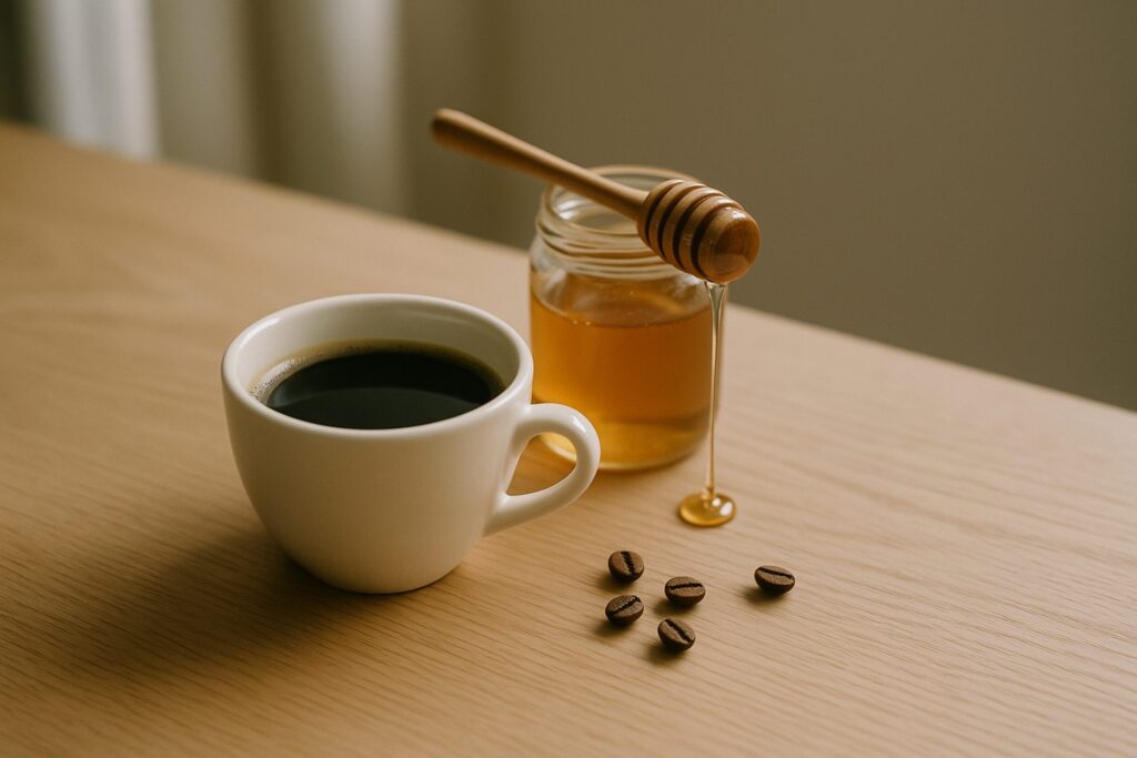 コーヒーカップの横に置かれたはちみつの瓶とハニーディッパー