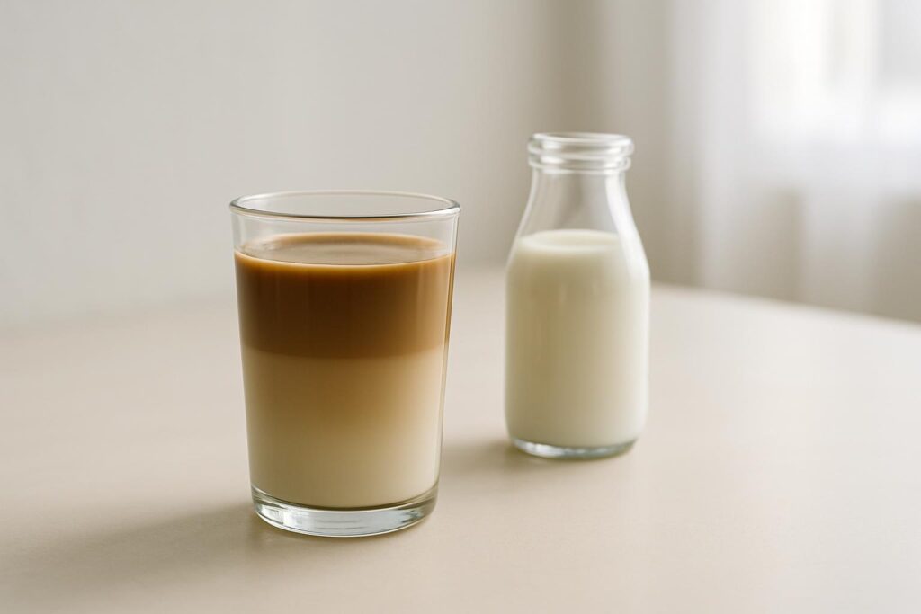 コーヒーと牛乳が二層になったグラスと、牛乳の入った小瓶