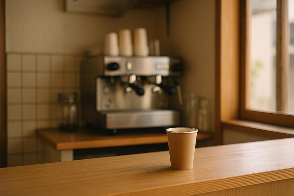 木のカウンターに置かれたテイクアウト用のコーヒーカップと、奥のエスプレッソマシン