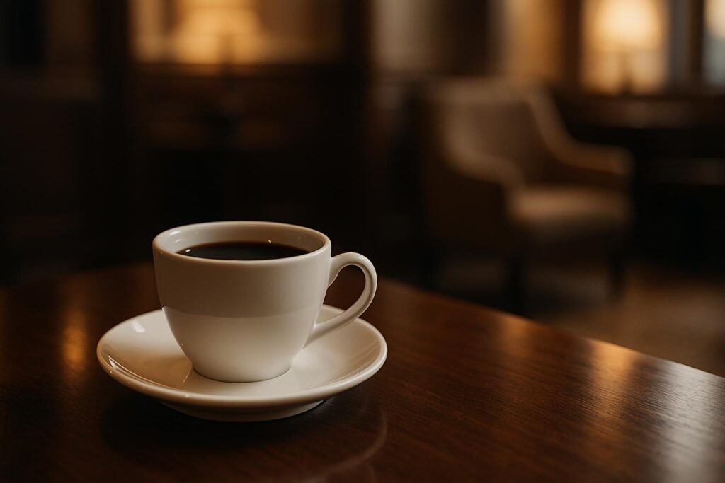 落ち着いた照明の店内で、濃い色のテーブルに置かれた白いカップのコーヒー