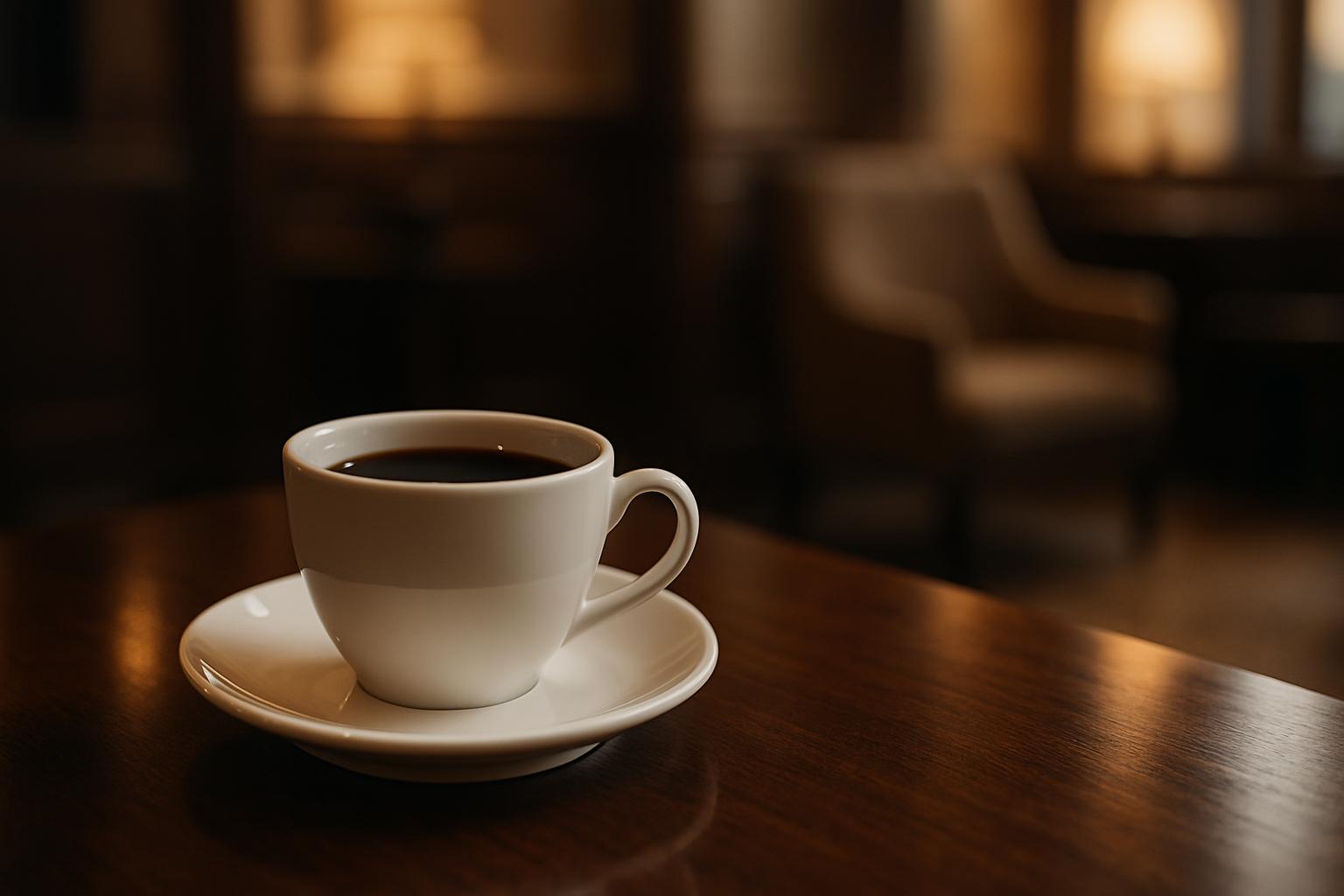 落ち着いた照明の店内で、濃い色のテーブルに置かれた白いカップのコーヒー