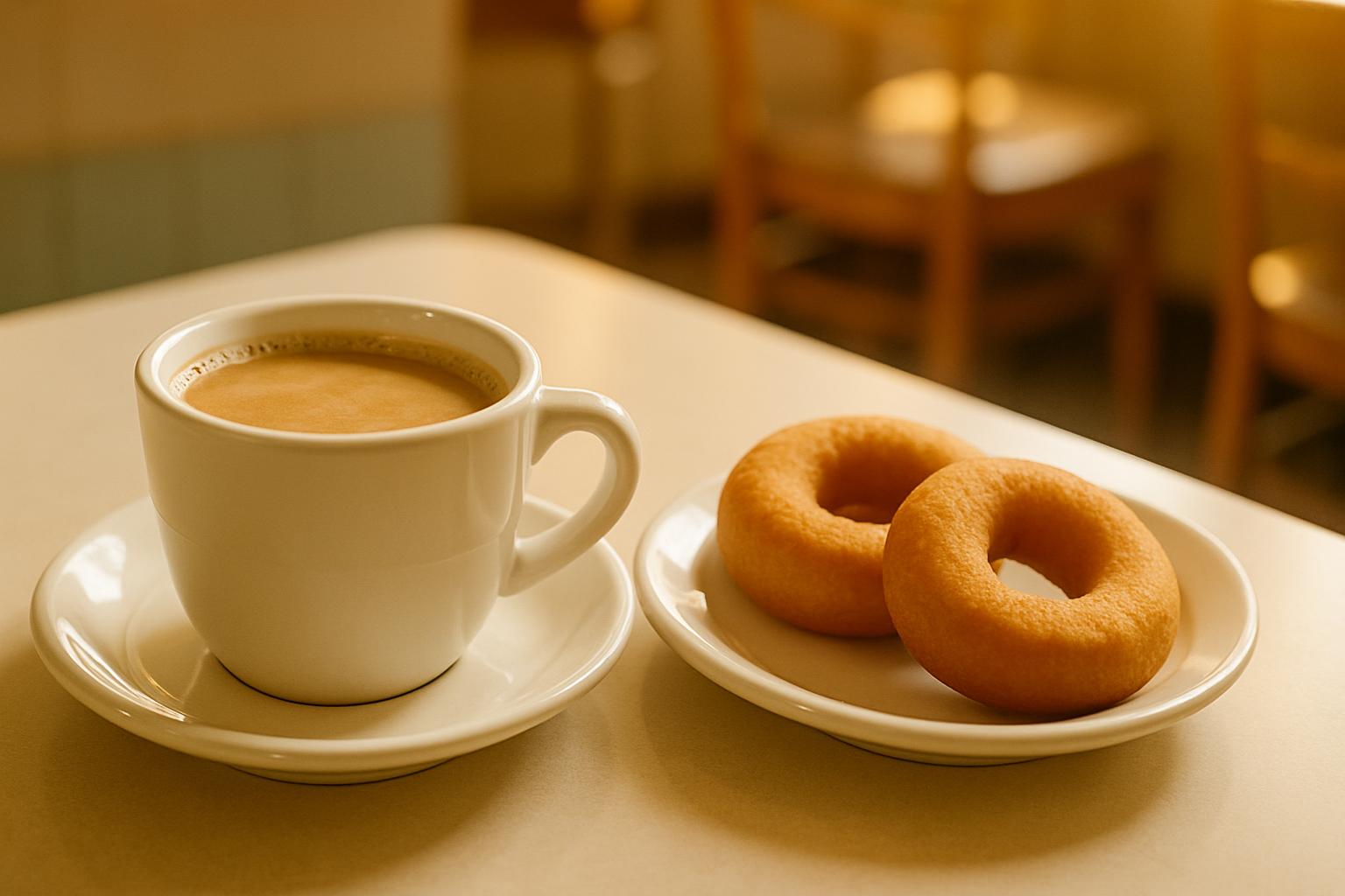白いカップのカフェオレと、皿にのったプレーンドーナツ2つ