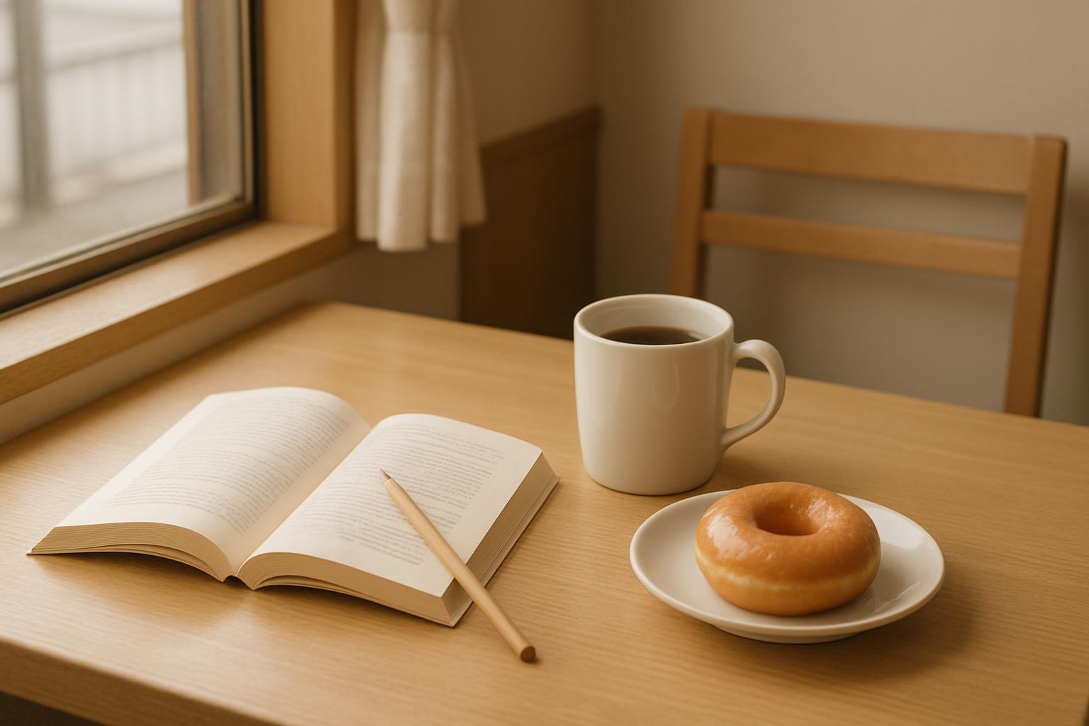 窓辺のテーブルに開いた参考書と鉛筆、白いマグのコーヒー、皿にのったドーナツ