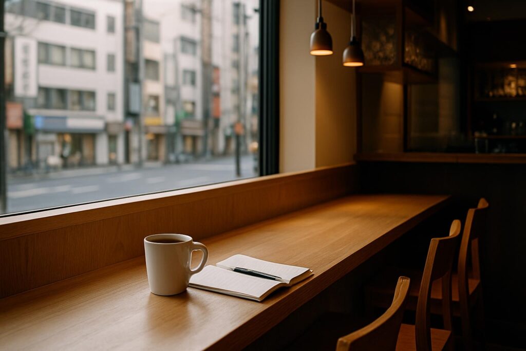 窓際のカウンター席に置かれたコーヒーとノート。奥にバーカウンターが見えるカフェの店内