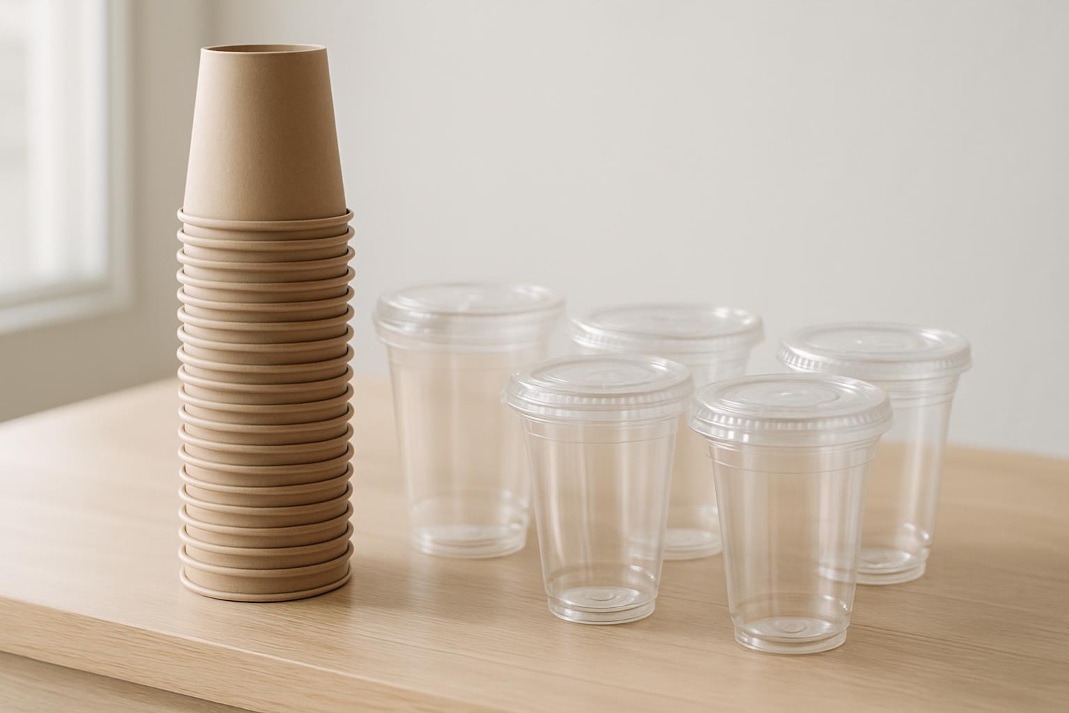 積み重ねたクラフト紙のテイクアウトカップと、蓋つきの透明なプラカップ