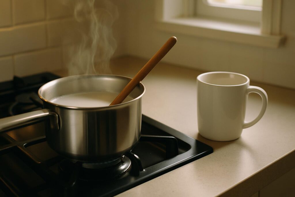 コンロの上で湯気を立てる牛乳の入った鍋と木べら、隣に白いマグカップ