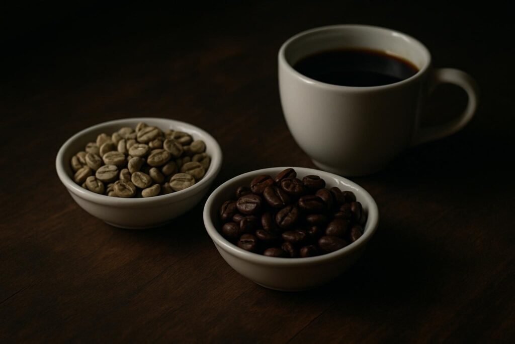 白い器に入った生豆と焙煎豆、コーヒーの入ったカップ