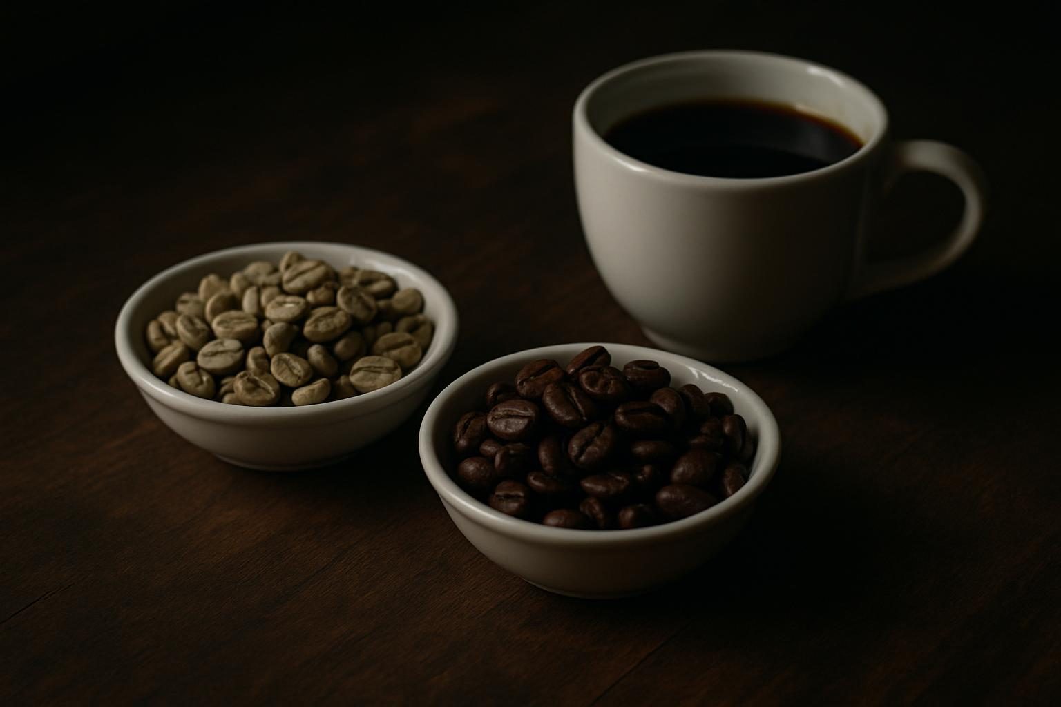 白い器に入った生豆と焙煎豆、コーヒーの入ったカップ