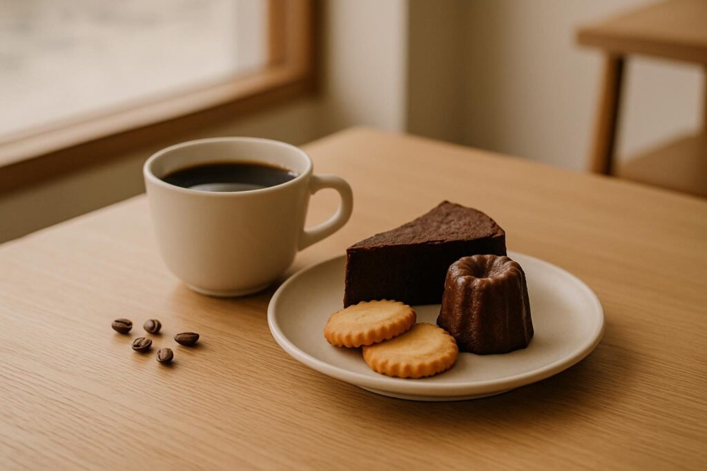コーヒーとガトーショコラ・カヌレ・クッキーを並べたテーブル