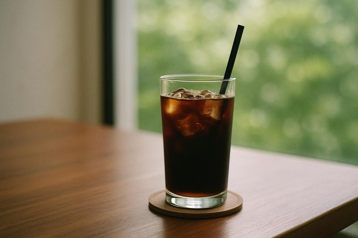 木のテーブルに置かれた水出しアイスコーヒーのグラス