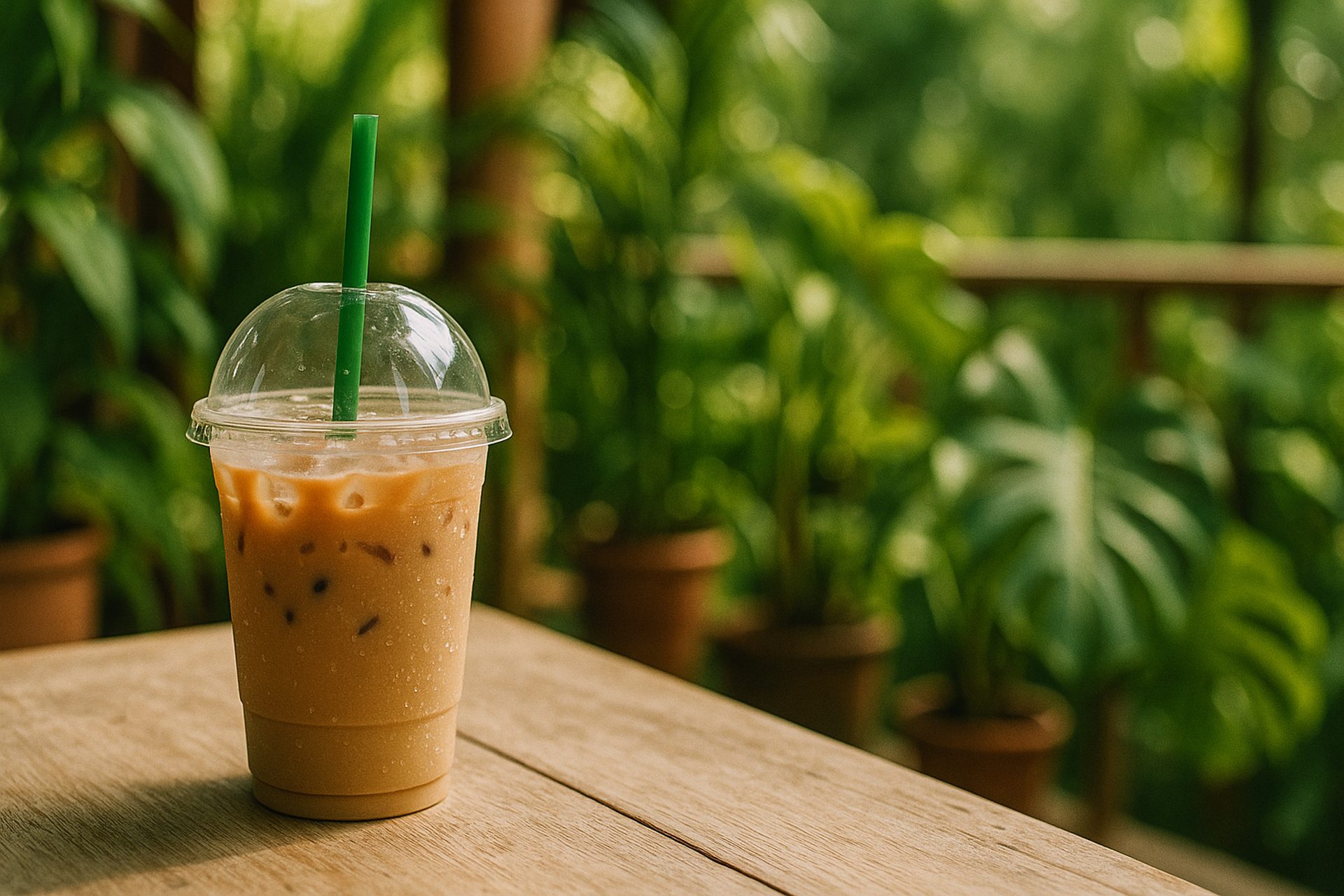 緑の植物に囲まれたテラス席の木のテーブルに置かれた、ミルク入りのアイスコーヒー
