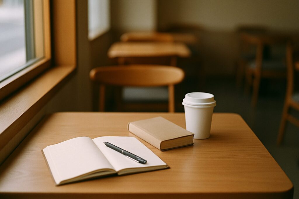 窓際のカフェのテーブルに置かれた開いたノートとテキスト、紙カップのコーヒー
