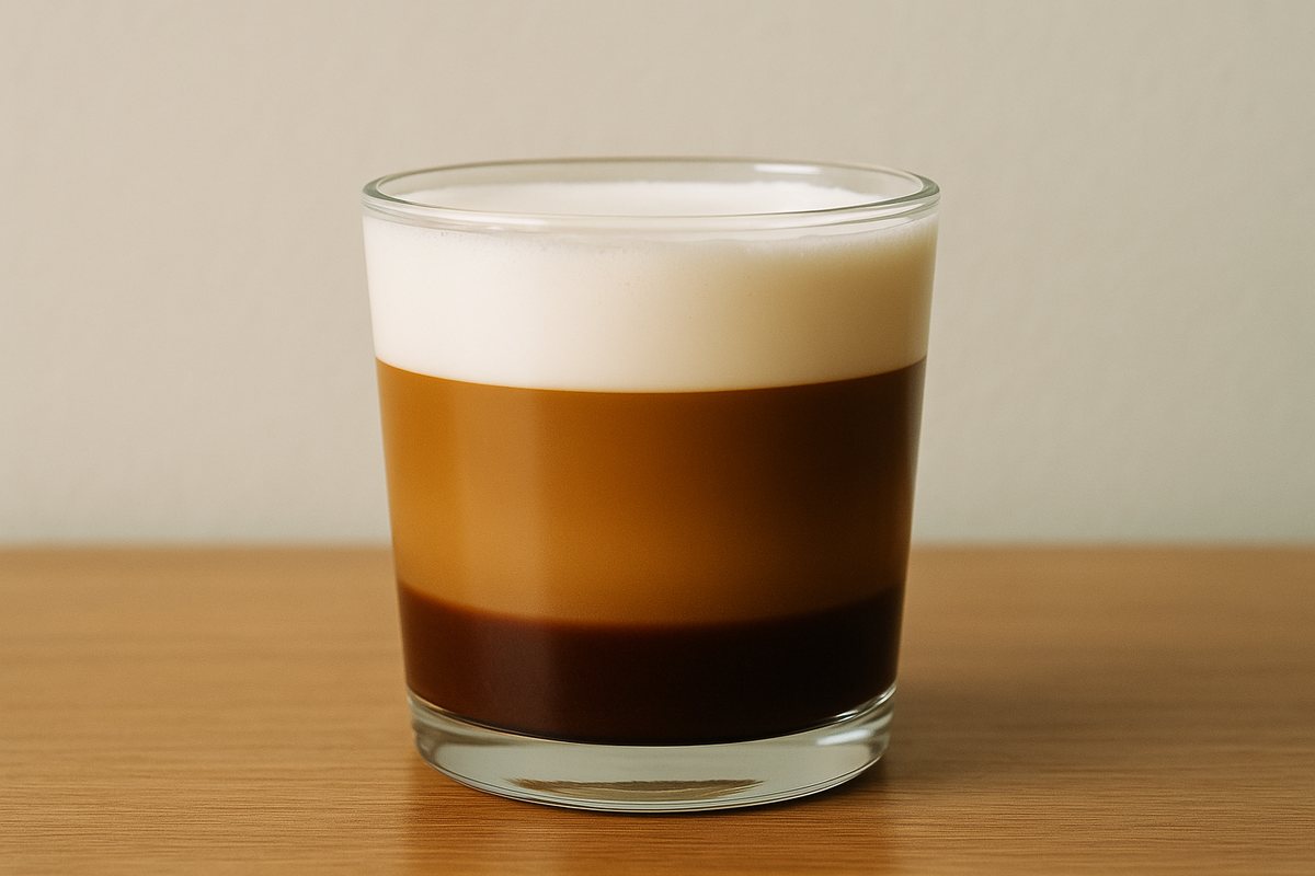 小さな透明のグラスに、チョコレートの層とコーヒーの層、白いクリームの層が重なった温かい飲み物