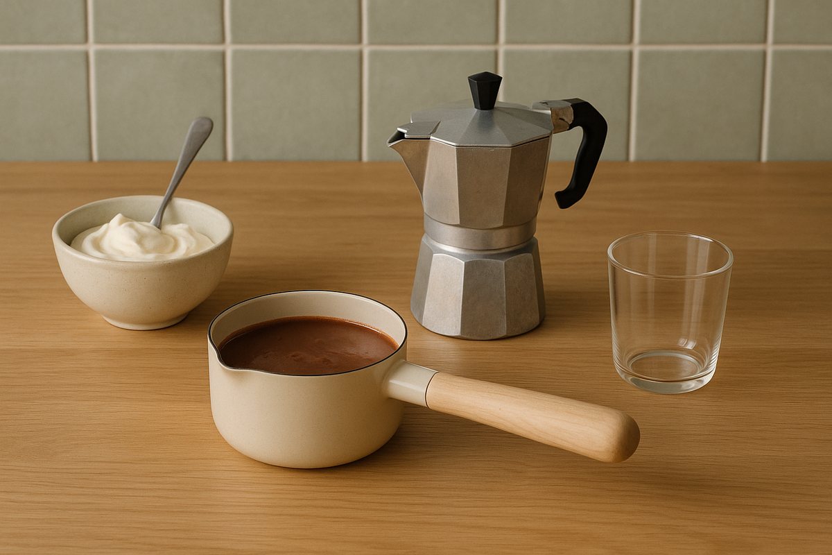 小鍋のホットチョコレート、直火式のコーヒーメーカー、泡立てた生クリーム、小さな耐熱グラスを台所に並べた様子