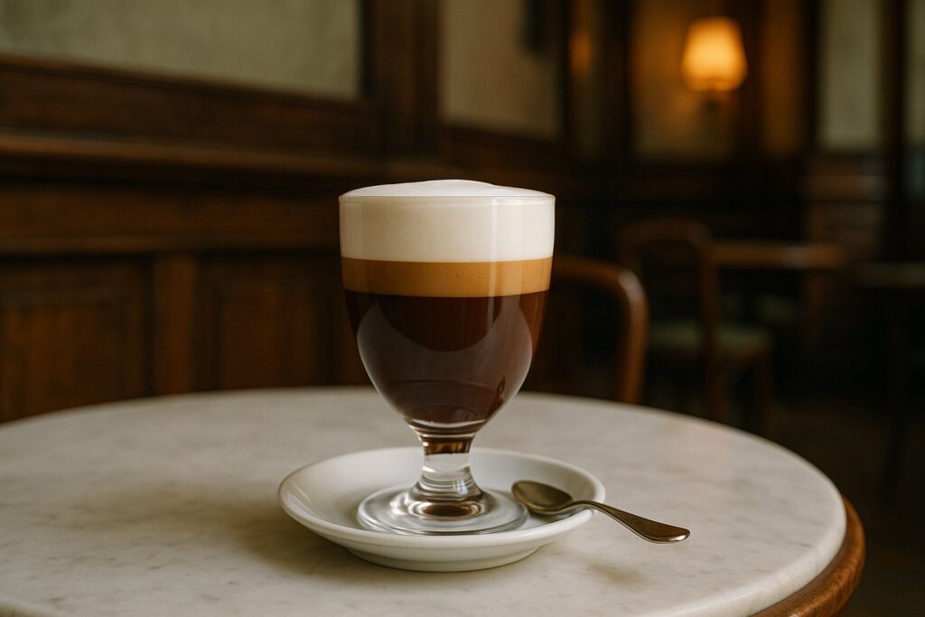 大理石のテーブルに置いた小さな脚付きグラスのビチェリン。チョコレート、コーヒー、クリームの3層が見える