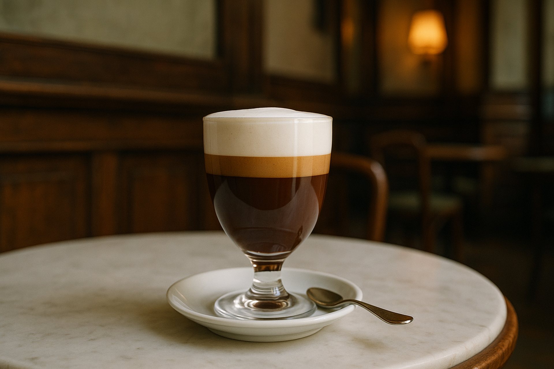 大理石のテーブルに置いた小さな脚付きグラスのビチェリン。チョコレート、コーヒー、クリームの3層が見える