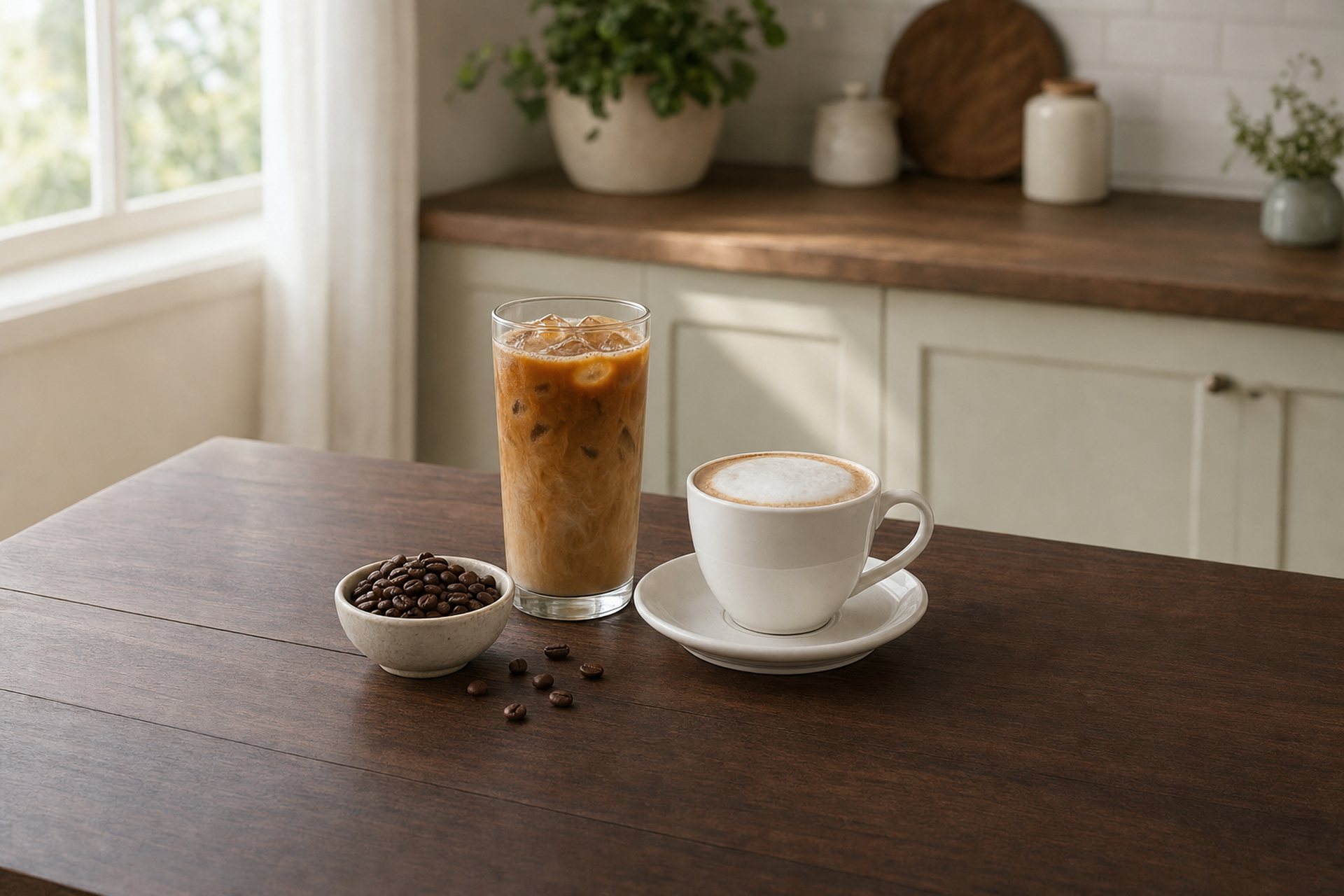 胡桃材の天板に置いたアイスコーヒーとカプチーノ、コーヒー豆の小皿