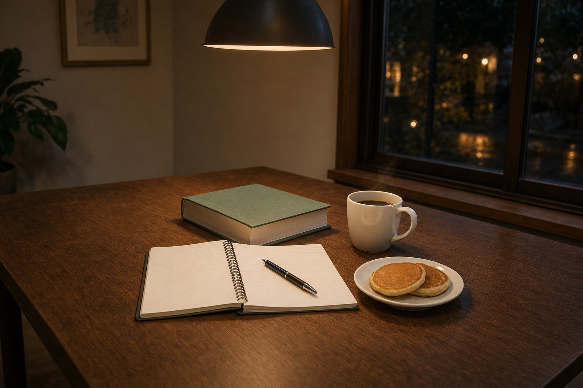 夜の窓際のテーブルに開いたノートとペン、参考書、ホットコーヒーと小さなパンケーキ
