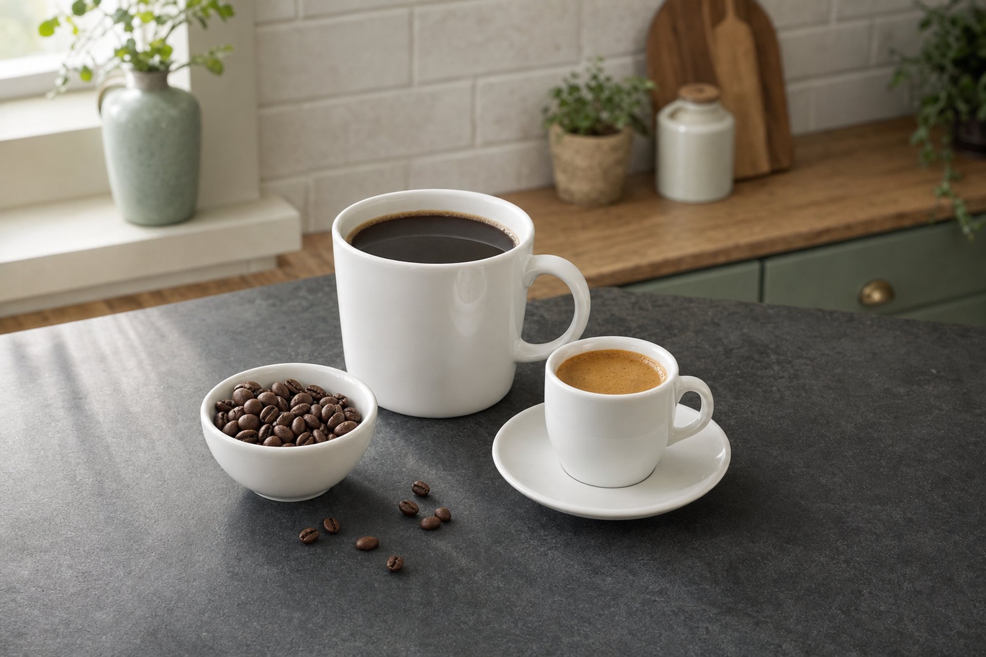 濃い灰色の天板に置いたマグのロングコーヒー、エスプレッソのカップ、器に入ったコーヒー豆