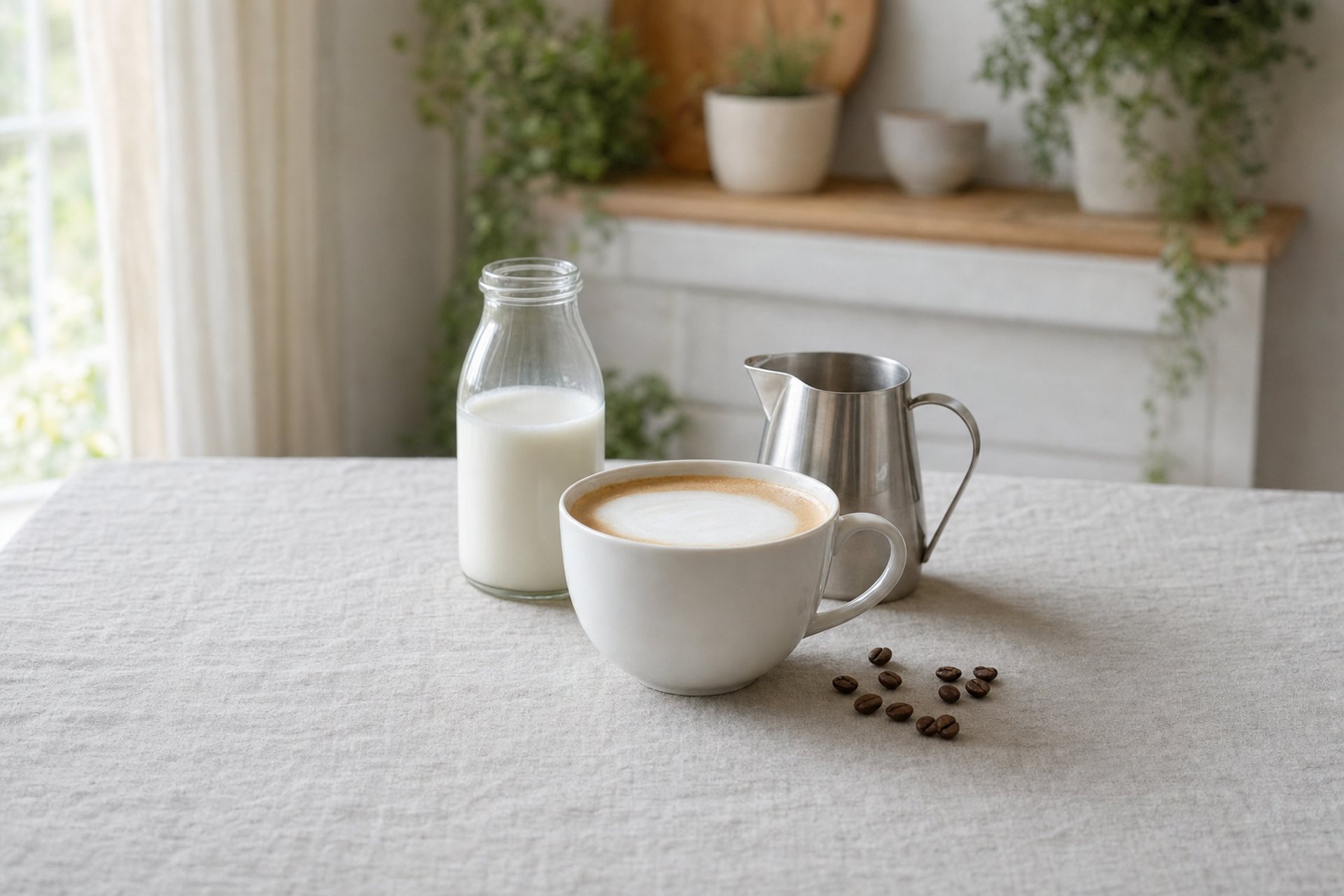 グレーのリネンの上に置いたカフェラテ、牛乳の瓶、ミルクピッチャーとコーヒー豆