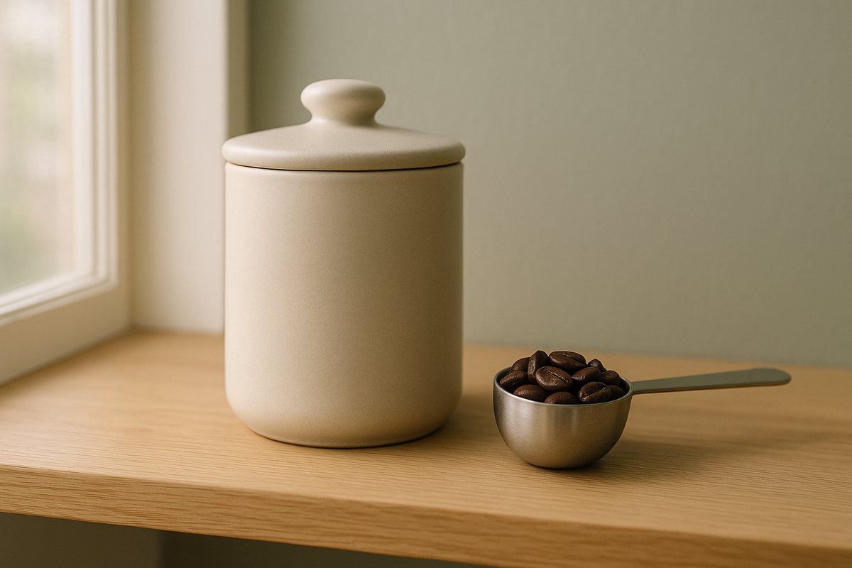 ふたを閉めた保存容器と、計量スプーンに入ったコーヒー豆