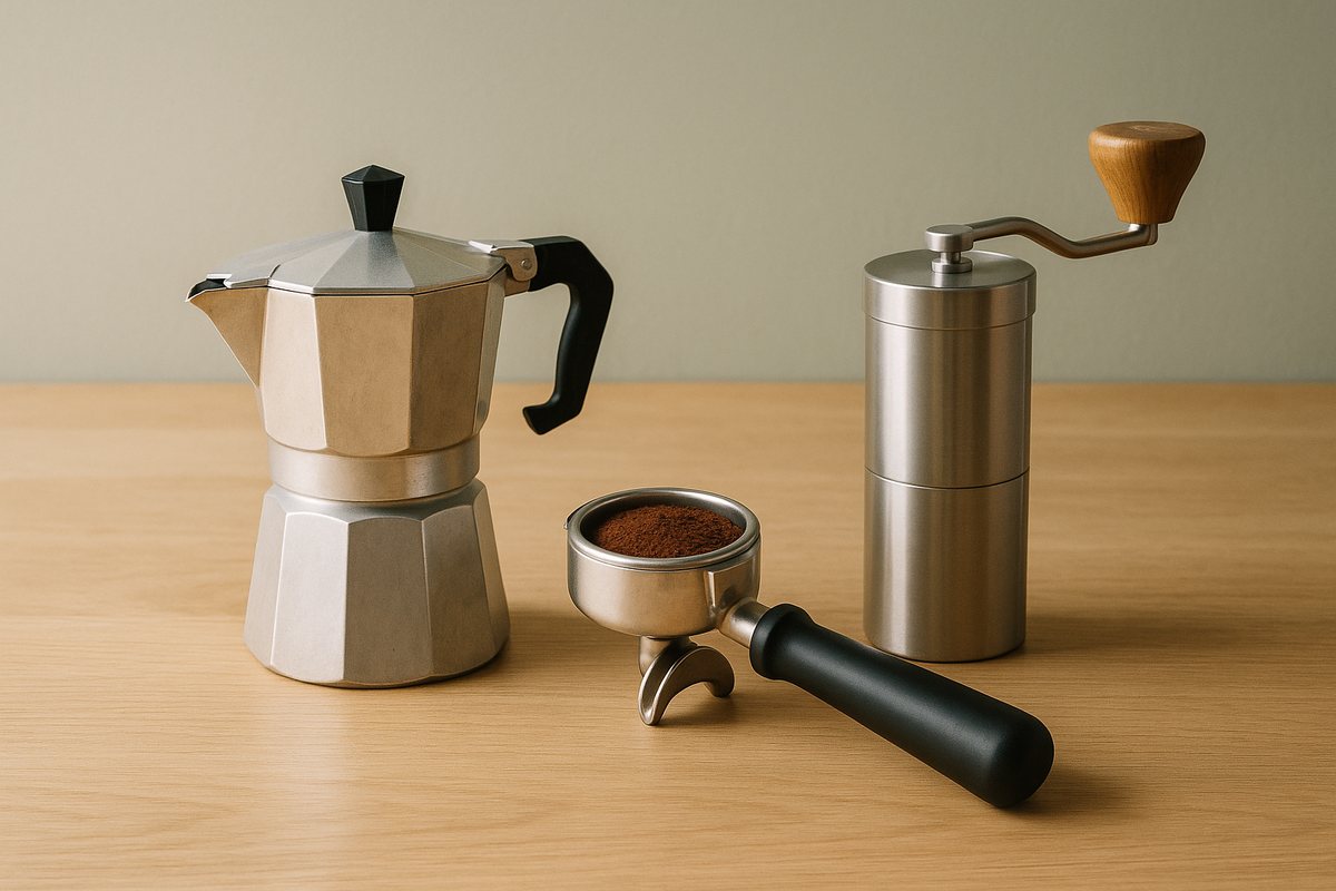 直火式のマキネッタ、粉を入れたポルタフィルター、手挽きのコーヒーミルを並べた様子