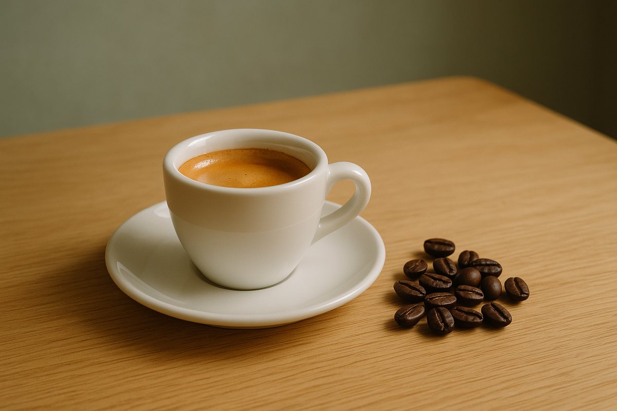 デミタスカップに入ったエスプレッソと、そばに置いた深煎りのコーヒー豆