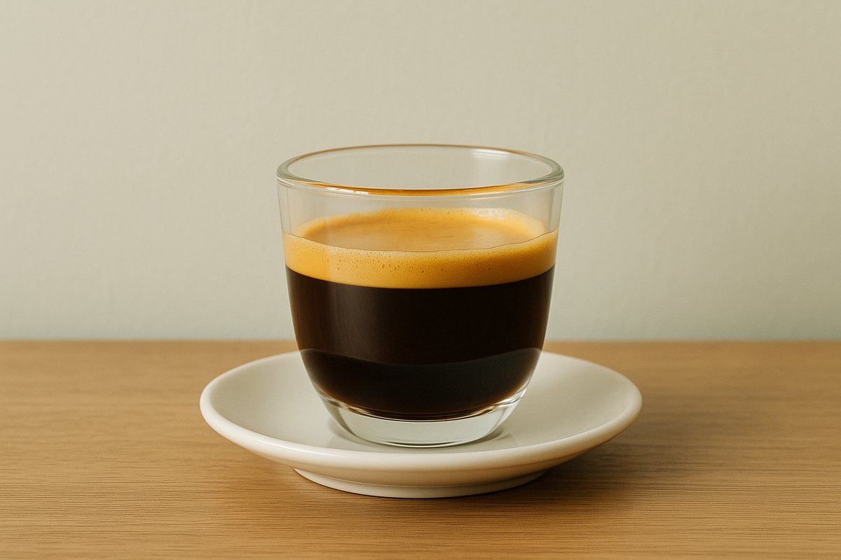 透明なカップに注いだエスプレッソを横から見た様子。表面に茶色いクレマの層がある