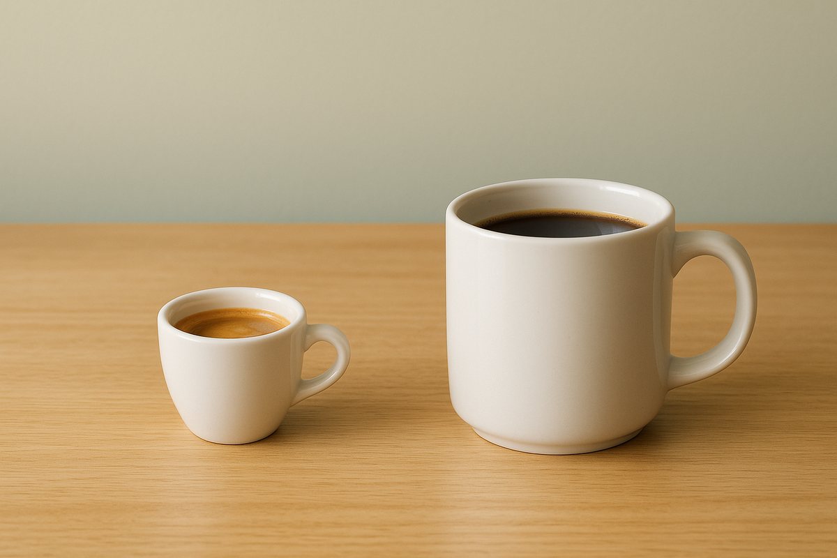デミタスカップのエスプレッソと、マグカップのドリップコーヒーを並べた様子