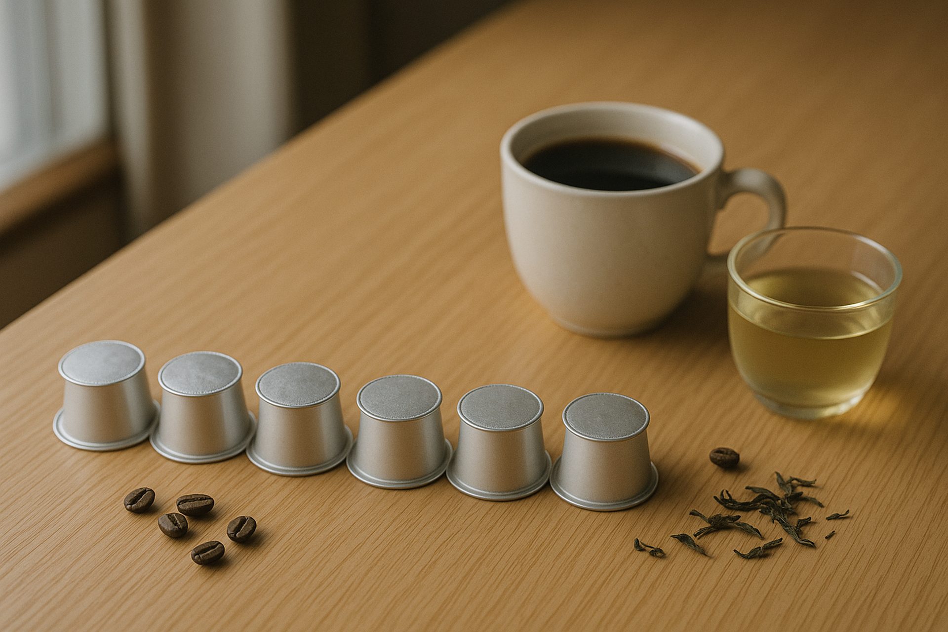 木のテーブルに並んだ1杯分ずつのコーヒーカプセルと、コーヒー・緑茶のカップ