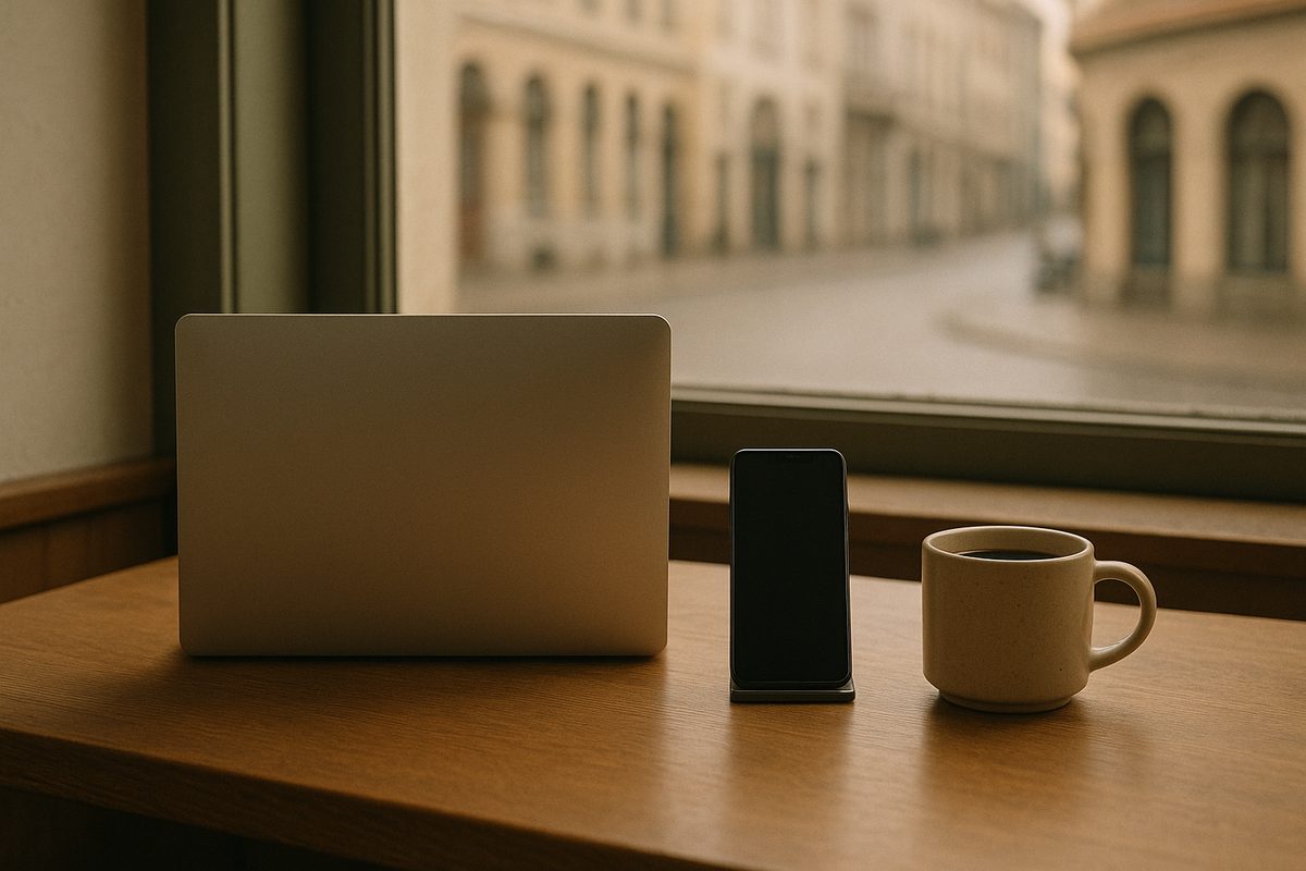 海外のカフェの窓際の席に置いたノートPC、スタンドに立てたスマートフォン、コーヒー