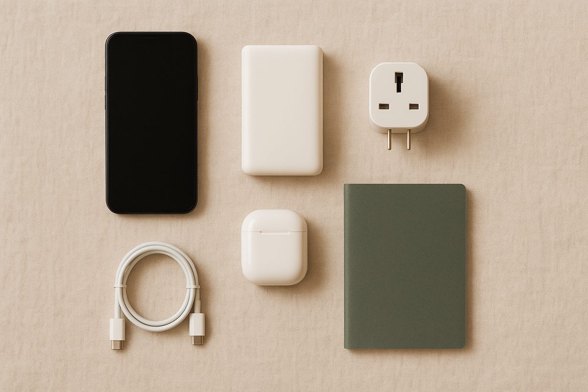 海外旅行に持っていくスマートフォン、モバイルバッテリー、変換プラグ、充電ケーブル、イヤホン