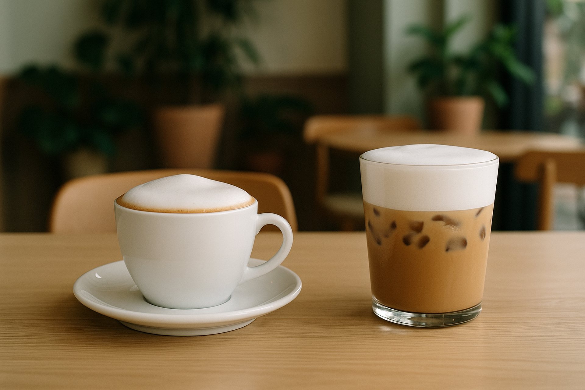 木のテーブルに並べたホットのカプチーノと、透明なグラスのアイスカプチーノ