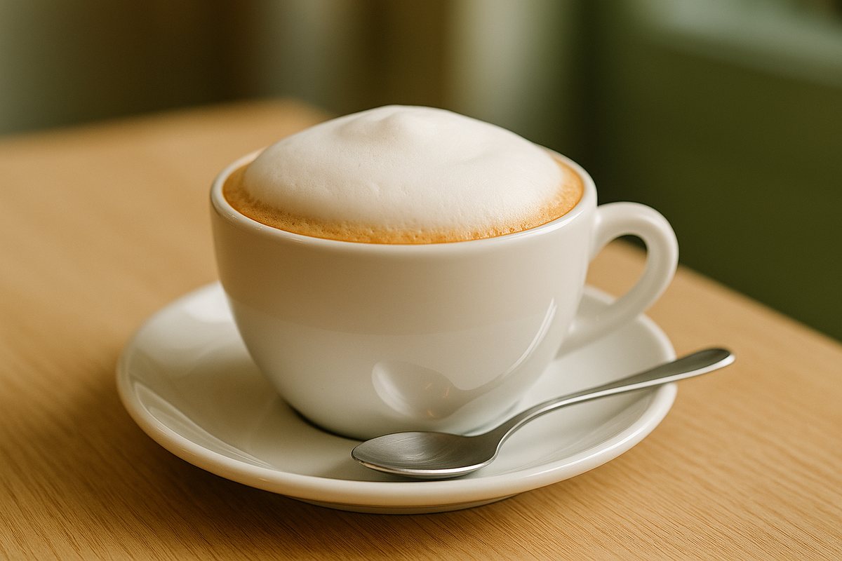 白いカップに入ったホットのカプチーノ。表面に厚いミルクの泡がのっている