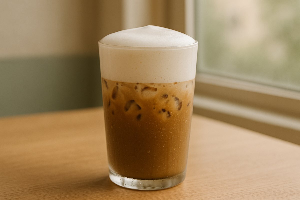 透明なグラスに入ったアイスカプチーノ。氷の上に白いミルクの泡が厚くのっている