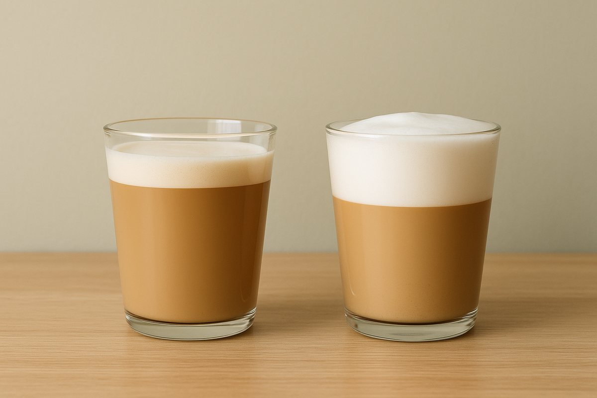 透明なカップに入ったカフェラテとカプチーノ。右のカプチーノのほうがミルクの泡の層が厚い